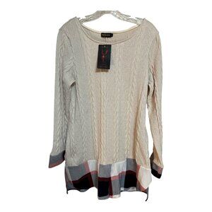Reborn Women’s S Winter White Cable Knit Sweater Tunic – Plaid Trim Hem – Size S